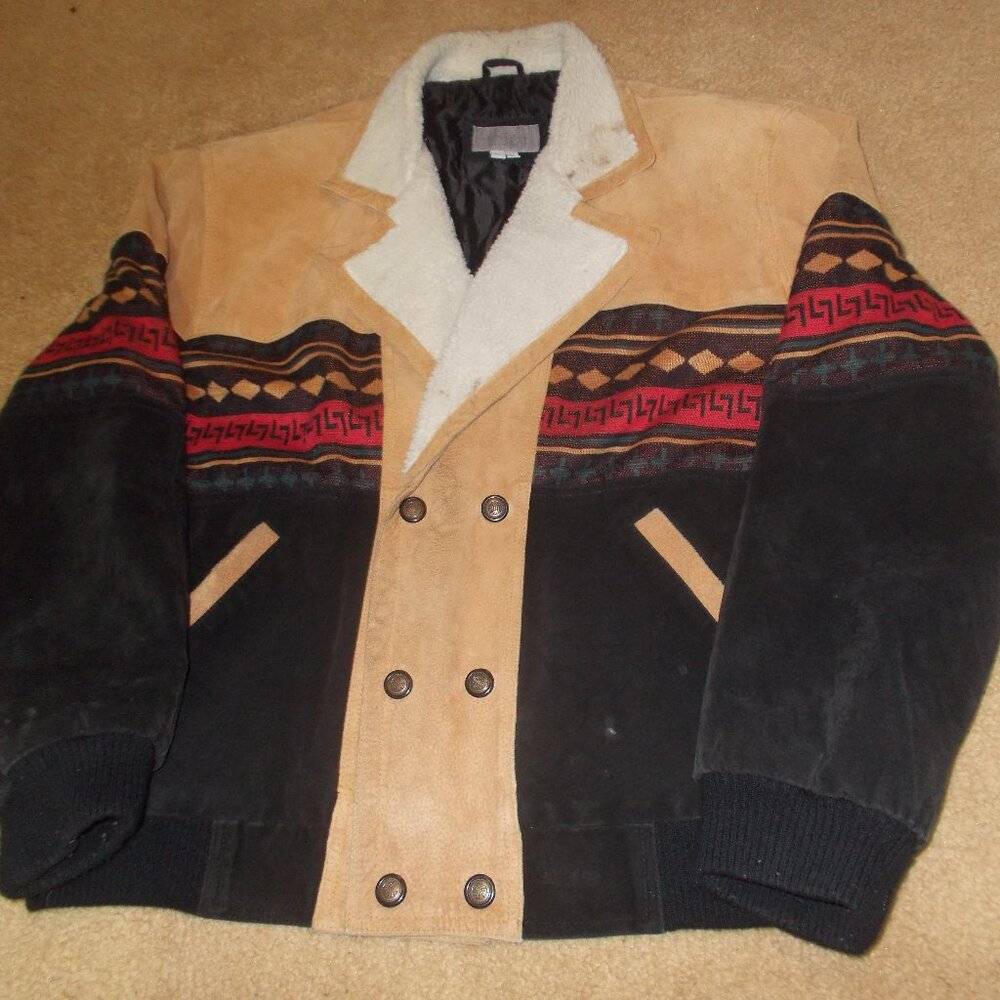 Vintage Leather Southwestern Sherpa Lined Jacket Western Navajo XL
